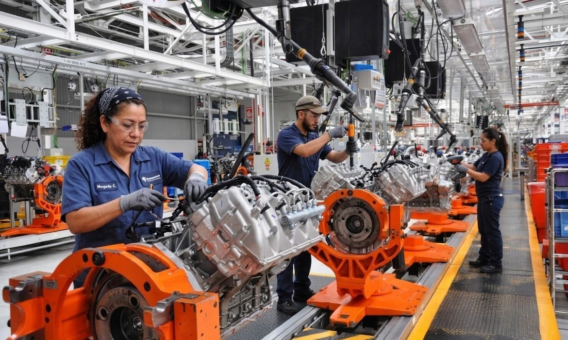 Trabajadores con batas blancas ensamblan componentes electrónicos en una fábrica, junto a máquinas y cables Synergy Mechatronics.